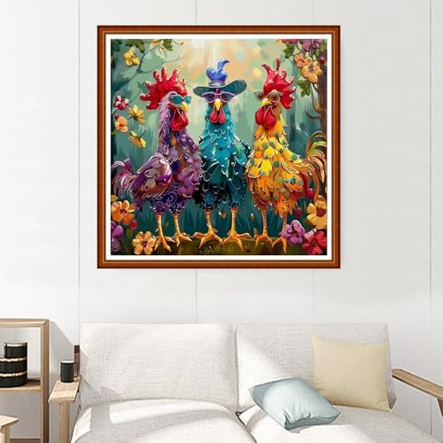 Joyhoor Stamped Cross Stitch Kits for Beginners Needlepoint Kits for Adults Embroidery Kits 11CT Counted Cross Stitch Kits Printed Embroidery Pattern-Three Roosters Flower 18x18 inchs