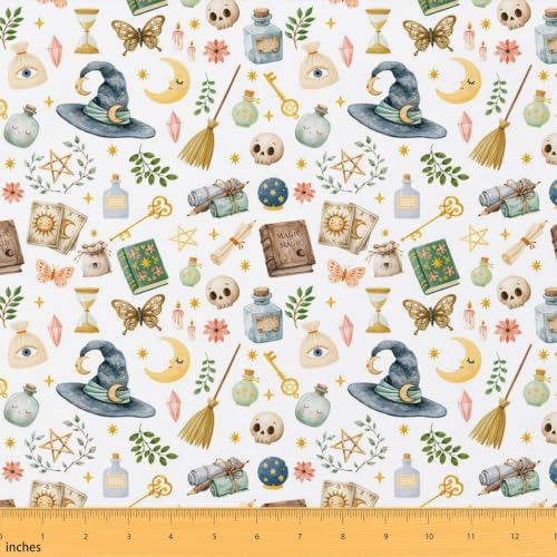 Magic Gothic Fabric by The Yard Cartoon Books Skull Butterfly Soft Polyester Sewing Fabric Sun Moon Stars Exotic No Stretch Durable Material for DIY Art Craft Making 10 Yard Bolt,360" L x 59" W
