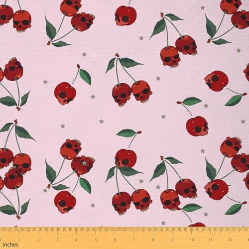 Feelyou Halloween Theme Soft Flannel Fabric by The Yard 3 Yards Kids Skull Pattern Upholstery Fabric for Boys Girls Teens Red Cherry-Shaped Skull Bones Print for Home DIY Projects, Indoor Decor