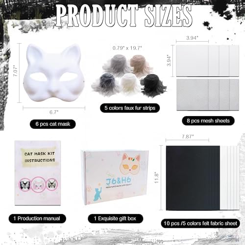 J6&H6 31 Pcs DIY Therian Mask Kit with Exclusive Funny Stickers, Blank Cat Mask,Fabric Sheet, Faux Fur and Eye Mesh Suitable for Christmas Role-Playing Parties?White?