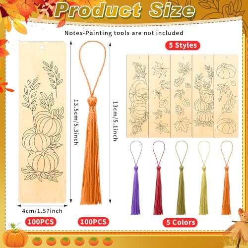 200 Pcs Fall Wood Bookmarks to Color Bulk, Color Your Own with Tassels
