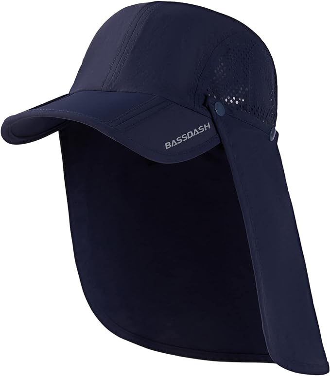 BASSDASH UPF 50+ Foldable Fishing Hat Baseball Cap with Removable Neck Flap Portable for Men Women Golf Hiking