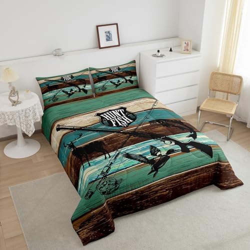 Castle Fairy Kids Wild Animal Hunting Comforter Set Twin Size,Hunt Fish Themed Retro Bedding Comforters Bedroom Decor,Farmhouse Rustic Wooden Board Microfiber Duvet Set for Kids Teens,2 Pcs