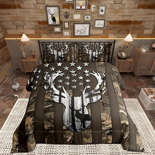 Camo American Flag Twin Comforter Set Boys,Deer Antlers Brown Camouflage Quilt Set Flags for Room Teens,Wild Animal Hunting Rustic Farm Branches Leaves Plant Stars Stripes USA Flag Bedding Set