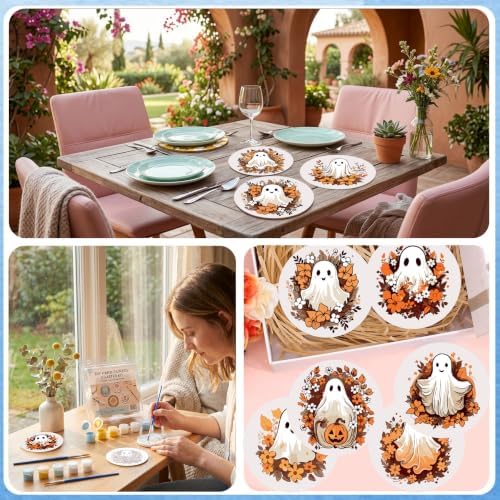 8 Pack Halloween Paint by Numbers Kits Coasters with Holder Cork Pads