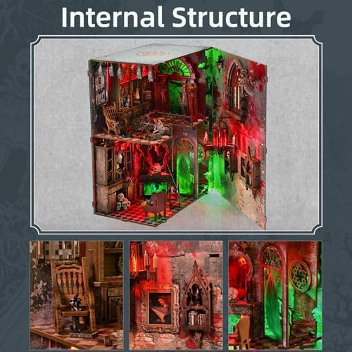 fifijoy Haunted Horror Book Nook Kit, DIY Miniature Dollhouse Halloween Booknook Kit, Spooky Creepy Scary 3D Wooden Puzzle Bookend Bookshelf Insert Decor with LED Light (Haunted Mansion)