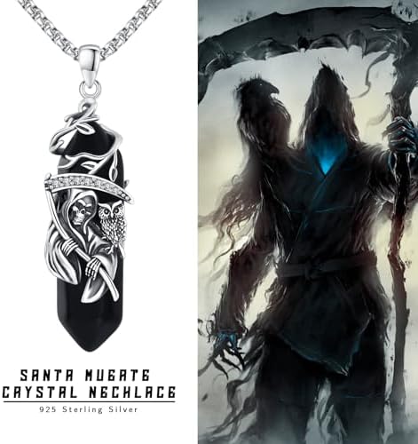 Santa Muerte Necklace for Men Sterling Silver Owl Skull Grim Reaper Pendant Heart Crystal Oxidation Skull Holy Death Scythe Aumelt Charm Necklace Jewelry Gifts for Father's Day Halloween Christmas