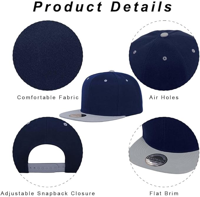 ZH Plain Flat Brim Snapback Baseball Caps Adjustable Blank Baseball Caps Wholesale 12 Pack