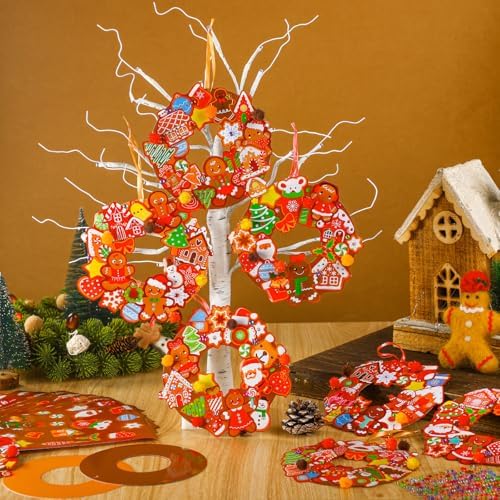Hollowfly 48 Sets Christmas Wreath Craft Kits, Gingerbread DIY Ornaments