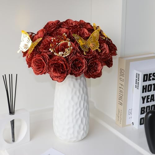 Red Glitter Flowers Bouquet, Fake Roses Bouquet 16 Pcs DIY Glitter Rose Bouquet Kits Birthday Gifts for Women Mom Mother's Day Anniversary Graduation