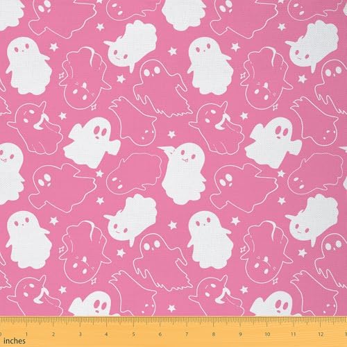 Feelyou Pink Halloween Soft Flannel Fabric by The Yard Cute Ghost Upholstery Fabric for Sewing Crafting Trick or Treat Indoor Decor for Home DIY Projects 1 Yard