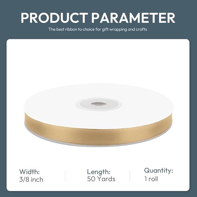 3/8" Wide x 50 Yards Champagne Gold Single Faced Polyester Satin Ribbon - Image 2