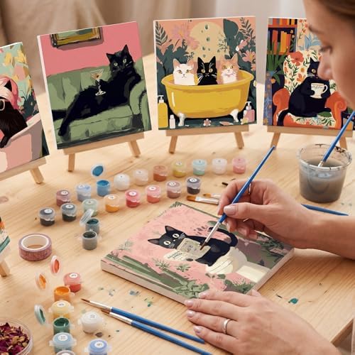 YooNotee 6 Pack Black Cat Paint by Numbers Kit on Canvas with Wooden Easels & Brushes, 8x8 Inch Black Cat Adult Paint by Number Kits on Canvas Framed, DIY Number Paintings for Adults for Wall