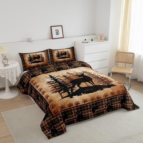 Castle Fairy Deer Bear Plaid Comforter Set Twin Size,Animal Hunting Bear Print Bedding Set for Kids Boys Men,Pine Trees Rustic Retro Grid Quilted Duvet Set with 1 Pillowcase