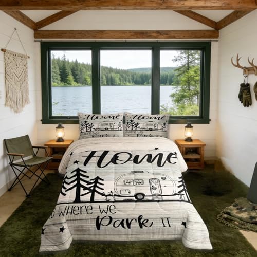 RV Happy Camping Bedding Comforters Queen Size,Home is Where We Park It Comforter Set Adult Women Room Decor, Farmhouse Camping Lovers Soft Duvet Set with 2 Pillowcases,3Pcs