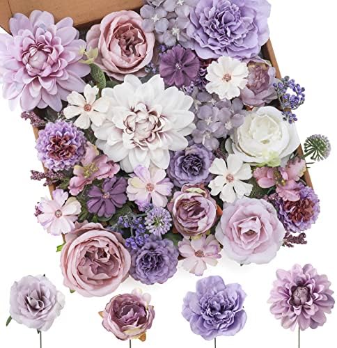 Floweroyal Artificial Flowers Combo Purple Flowers Mix Silk Flowers Dahlia Roses with Stems for DIY Wedding Bridal Bouquets, Baby Shower, Floral Arrangement, Table Centerpieces, Home Decorations.