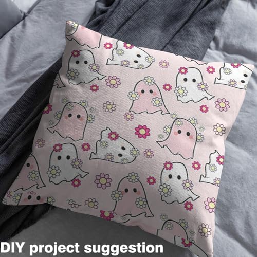 Jejeloiu Happy Halloween Fabric by The Yard Kawaii Ghost Printed Upholstery Fabric Pink Ghost Floral Waterproof Indoor Outdoor Decor for DIY Sewing Craft Projects 2 Yards