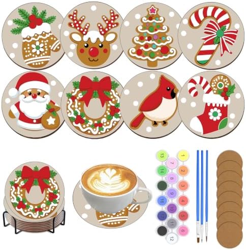 8 Pack Christmas Paint by Number Kits Coasters with Holder Cork Pads