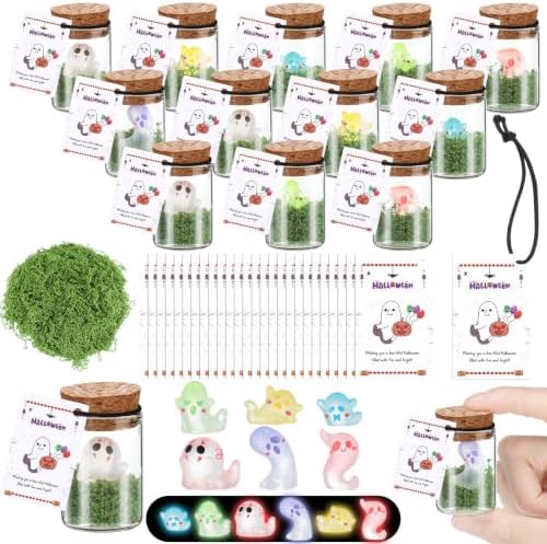 Skylety 30 Sets Halloween Ghost in a Mason Jar with Moss and Card Glow in the Dark Adopt a Ghost Figurine Luminous Creepy Crafts Spooky Crafts for Halloween Horror Decorations DIY Party Gifts