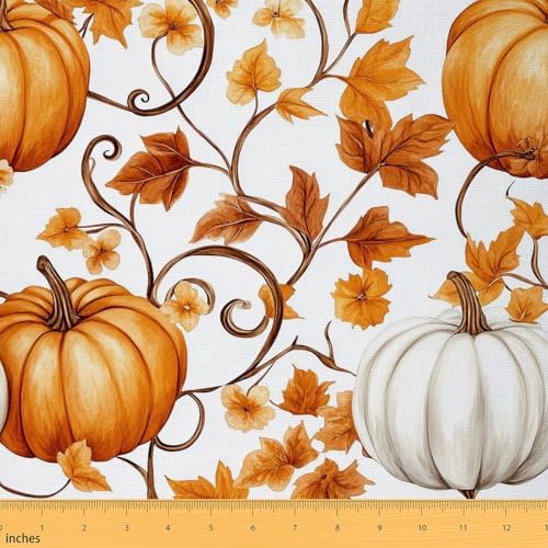 Watercolor Pumpkin Fabric by The Yard Autumn Maple Leaves Plants Fabrics for Sewing Lovers Fall Harvest Rustic Style Fabric DIY Soft Polyester No Stretch 1 Yard,36" L x 59" W