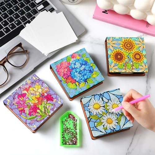Saillong Flower Theme 4 Pcs Diamond Painting Note Box Kit Sticky Note Holders