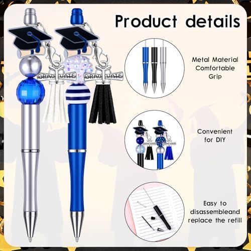 Jutom 12 Pcs Graduation Beadable Pens with 50 Pcs Focal Beads 12 Tassels 12 Cap Pendants DIY Making Kit for Office Gift
