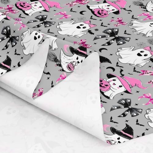 Bow Ghost Halloween Decor Upholstery Fabric for Chairs | Halloween Bats Outdoor Fabric by The Yard 72"x63", Gothic Moon Pumpkin Lantern Goth Witch Hat Skeleton Spider Web Landscape Fabric,Grey