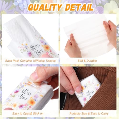 Outus 50 Pack Floral Bless You Christian Pocket Tissues, 400 Sheet Total