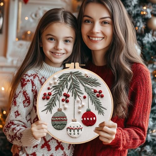 Santune Christmas Embroidery kit,Fall Needlepoint Cross Stitch Kits for Beginners Adult,Needle Point Sets,4 Embroidery,2 Hoops,Christmas Ornaments