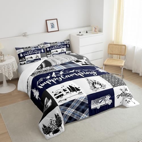 Camping Adventure Comforter Set King Size,RV Camper Accessories for Travel Trailers Bedding Set All Season Quilt Set,Rustic Blue Plaid Boho Aztec Exotic Microfiber Polyester Down Comforter