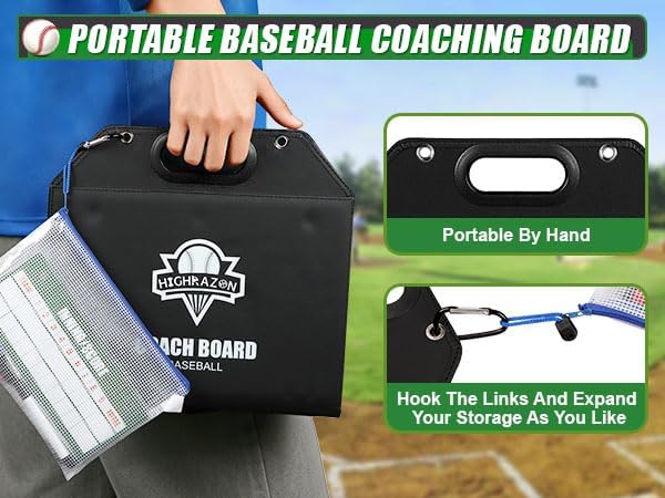 Magnetic Baseball Lineup Board for Dugout | Leather Cover, Foldable Coaching Board for Baseball & Softball with Carry Handle, Includes 40 Lineup Cards,Scoreboard, 2 Markers, Eraser, 4 Carabiners & Bag