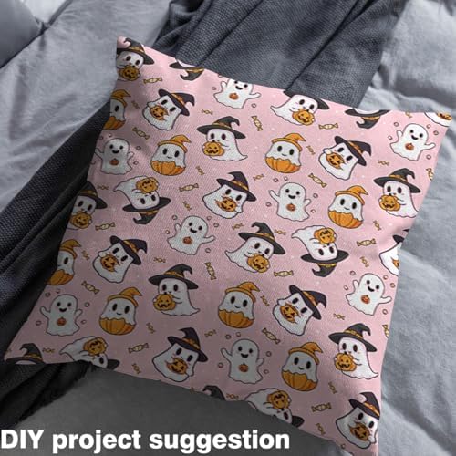 Feelyou Happy Halloween Soft Flannel Fabric by The Yard Kids 3 Yards Pink Cute Ghost Upholstery Fabric Pumpkin Candy Spooky Trick or Treat for Home DIY Projects, Indoor Decor