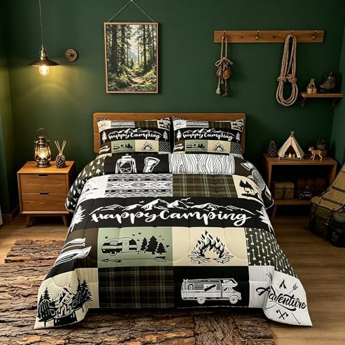 Castle Fairy Camper Adventure Comforter Set King Size,Happy Camping Plaid Travel Trailers Decor Bedding Set All Season Quilt Set,Retro Tribal Aztec Exotic Microfiber Polyester Down Comforter