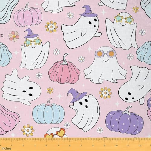 Halloween Ghost Fabric by The Yard,Cartoon Ghosts Pumpkins Soft Polyester No Stretch Fabric,Floral Kawaii Decorative Fabrics,Pink White Purple Crafts & Sewing Supplies,10 Yards,360" L x 59" W