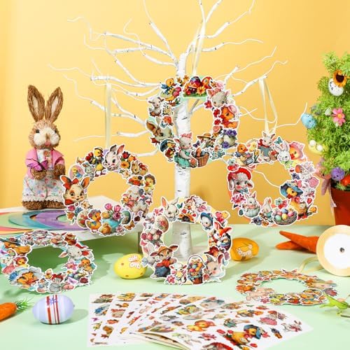 Hollowfly 48 Sets Easter Wreath Craft Kits, DIY Spring Bunny Paper Crafts