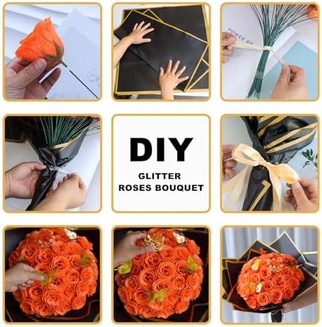 CCYXSHOW DIY Glitter Roses Bouquet - 36 Pack Fall Everlasting Flowers Fake Shiny Bouquet Artificial Orange Rose Bouquet Kit, Anniversary, Engagement, Wedding, Birthday Party Gifts