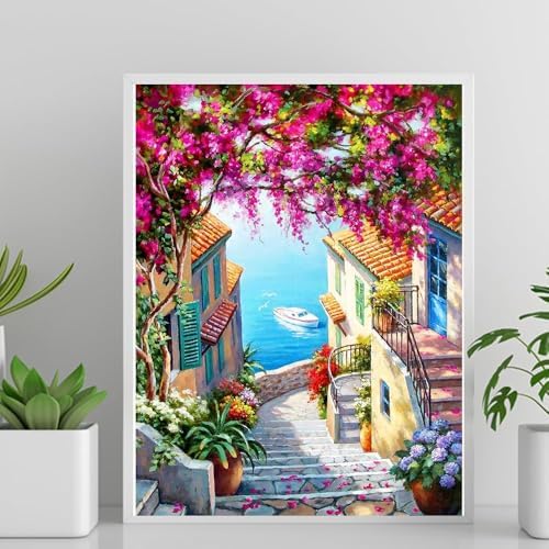 MIRCVSH Landscape Paint by Numbers for Adults with Framed Canvas-with Wooden Easel,Paint by Number on Canvas,DIY Acrylic Oil Painting Kits with Brushes Nice Gift Box for Home Wall Decor(12x16 Inch)