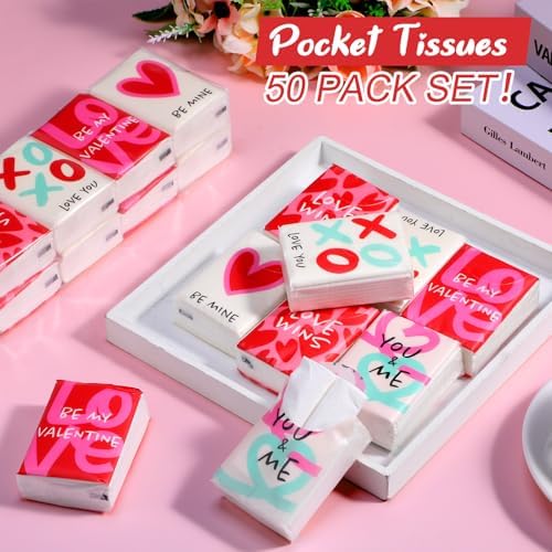 Outus 50 Pack Valentine’s Day Party Favors, Travel Size Pocket Tissues