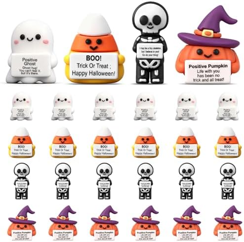 Gejoy 25 Pcs Halloween Mini Rubber Figurine with Motivational Messages Mini Ghost Pumpkin Candy Corn Skeleton Positivity Signs for Office Home Halloween Party Decorations Gifts
