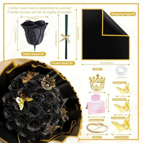 CCYXSHOW DIY Glitter Roses Bouquets - 24 Pack Fake Rose Bouquet Black Flowers with Stems Butterfly Crown Eternal Floral for Halloween Elegance Wedding Anniversary Birthday Party Gifts
