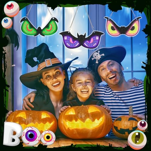 Chiisong 6 Pcs Halloween Diamond Art Hanging Signs Flashing Eyes Glow Eyes