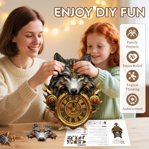 3D Puzzles for Adults Wooden Wolf Puzzle Clock Adult Crafts