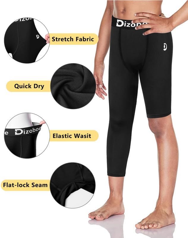 Youth Boys Compression Pants One Leg 3/4 Athletic Leggings for Sports Kids Basketball Tights Football Baseball Pants
