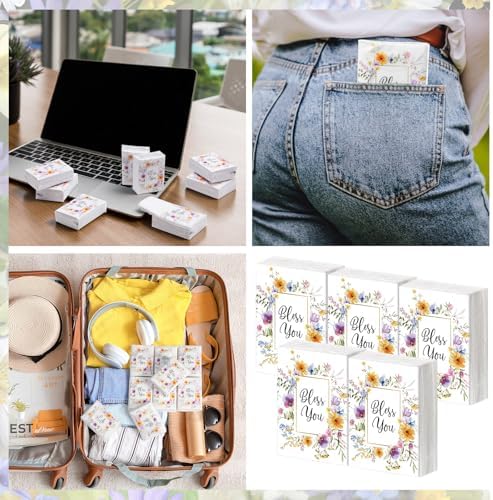 Outus 50 Pack Floral Bless You Christian Pocket Tissues, 400 Sheet Total