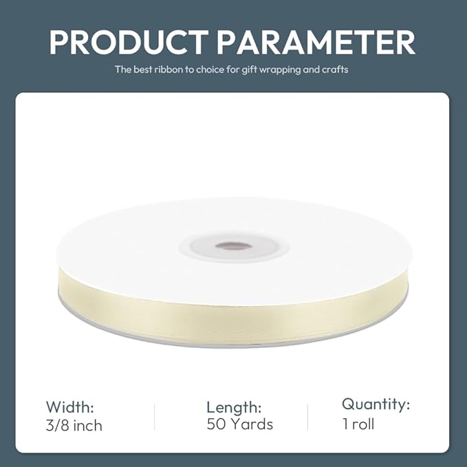 KMER LIFE 3/8/ Wide x 50 Yards Ivory Single Faced Polyester Satin Ribbon - Image 2