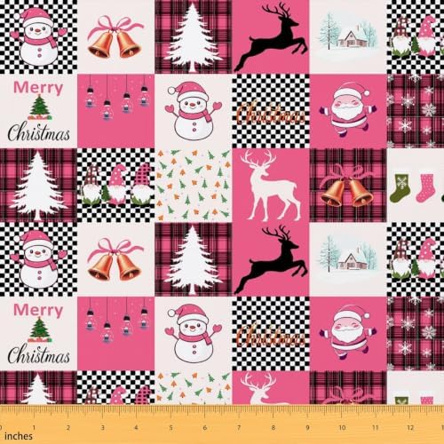 Cartoon Snowman Upholstery Fabric Pink Buffalo Plaid Christmas Decorations Santa Claus DIY Fabric by The Yard for Craft Lovers 362"x63", Christmas Gnome Xmas Snowflake Elk Deer Quilting Fabric