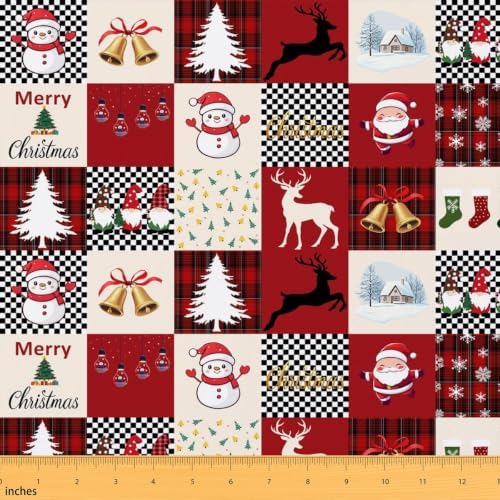 Cartoon Snowman Upholstery Fabric Red Buffalo Plaid Christmas Decorations Santa Claus DIY Fabric by The Yard for Craft Lovers 109"x63", Christmas Gnome Xmas Snowflake Elk Deer Quilting Fabric
