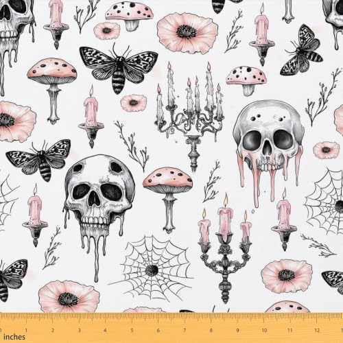 Sketch Skull Fabric by The Yard Mushroom Pink Poppy Plants No Stretch Fabric for Sewing Supplies Gothic Style Moth Spider Web Soft Polyester for Home DIY Projects 2 Yards Whole Piece,72" L x 59" W