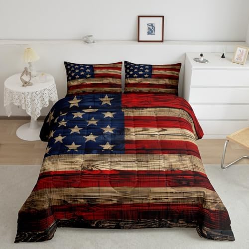 Castle Fairy American Flag Comforter Set Twin Size for Kids Boys, Wooden Planks Painted as USA Flag Patriotic Country Style, Room Decorative Quilt Set with 1 Pillow Sham, Ultra Soft