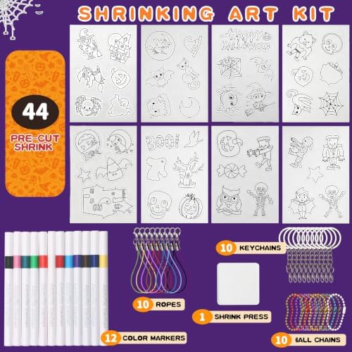 Yrinfay DIY Halloween Shrinking Plastic Art Kit - 44 Pre-Cut Shapes, 12 Markers & Accessories - Make Charms, Keychains & Tags - No-Mess Craft for Kids - Birthday Gift with Shrinking Plastic Sheets